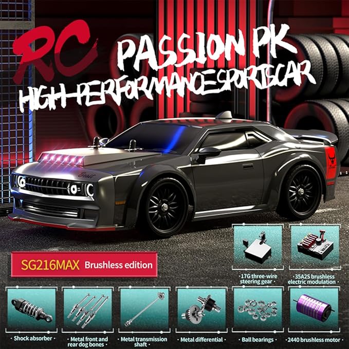 SG216 1/16 RC Drift Car for Adults 2.4G Full-Proportional 4WD Mini Remote Control Racing Car with LED Lights 70KM/H Electric 1 Battery Sports Cars Toy Gift -RTR/Brushless