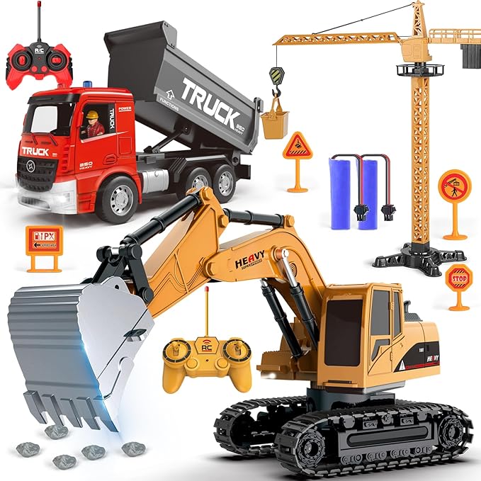 Remote Control Excavator and Dump Truck Toy Set - RC Excavator and Dump Truck with Lights and Sounds - Rechargable Digger Car Construction Vehicles Toy Set Gifts for Boys Kids