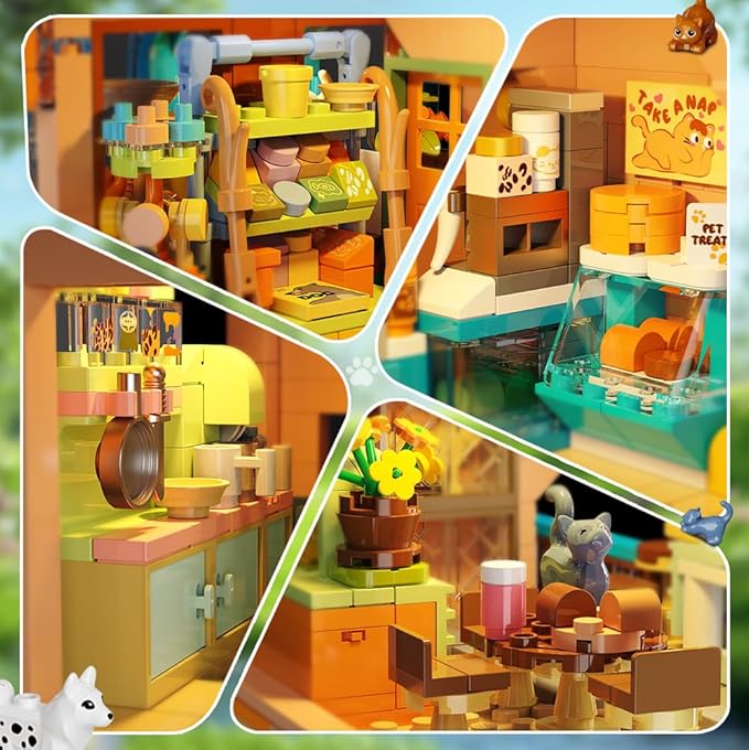 City Pet Shop Building Set with Lights Cozy Pet Store Construction Toy with Cats Dogs Cute Animal Store Miniature House Model Building Block Kit for Adults Kids Boys Girls Ages 8-12+