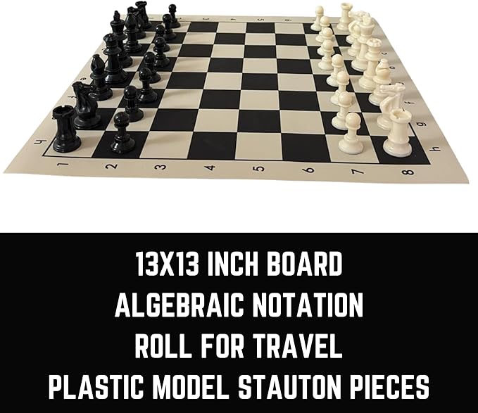 Tournament Chess Set: Portable and Professional Set with Travel Portable Plastic Tube Roll. Plastic Staunton Chess Pieces Foldable Vinyl Chess Board. (Black Board 13X13IN)
