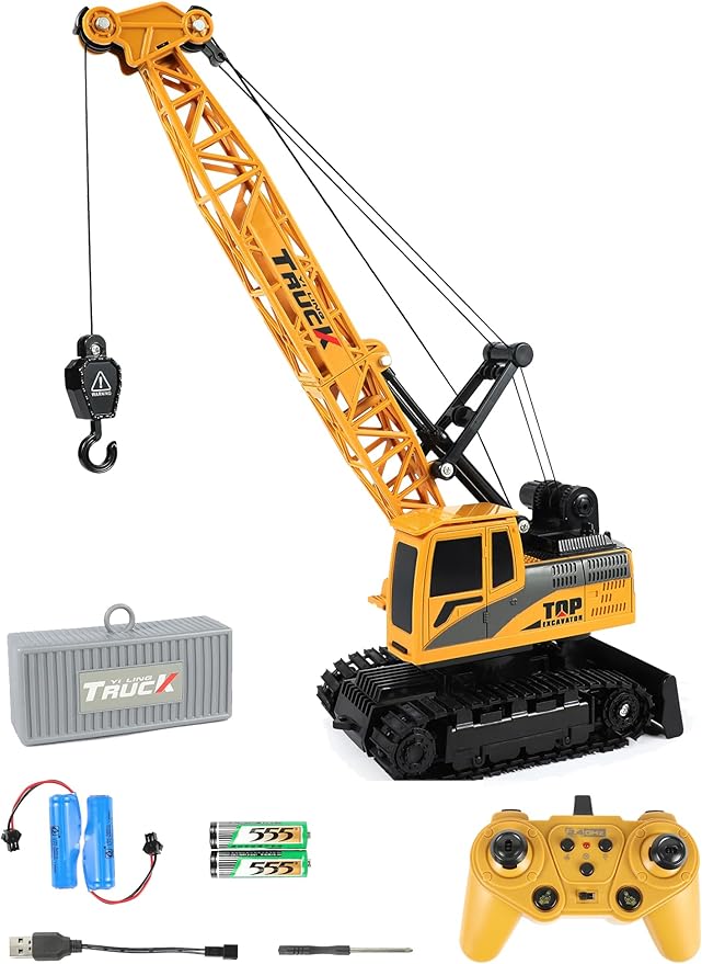RC Grane Toy Metal Hook with 4*Battery Set for Boys Professional 11-Channel Remote Control Construction Vehicle Grane Container Included for Kids