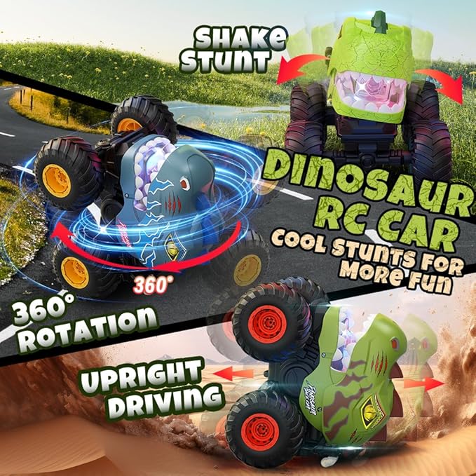 Remote Control Car for Boys Age 4-7 8-12 50min+ Runtime Dinosaur Monster Truck Toy with Spray Light Music Stunts Birthday Gift for Boy 3 4 5 6 7 8 9 10 Year Old
