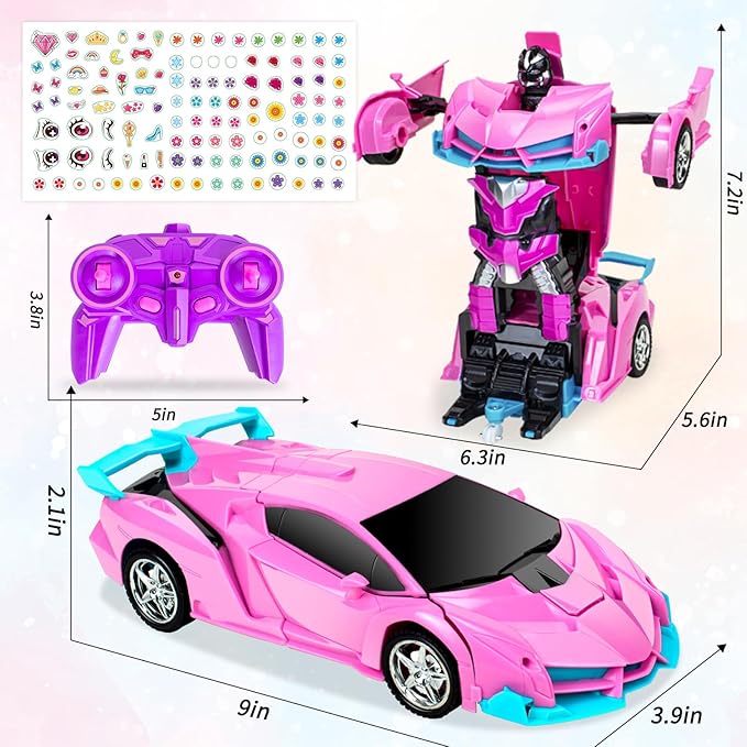 Pink Remote Control Car for Girls Age 3 4 5 6 7 8 Transformation Rc Cars Racing Car with One-Button Deformation &amp 360°Drifting Robot Toys for Birthday