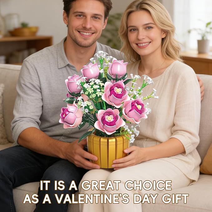 Pink Rose Flower Building Set Botanical Flower Bouquet Building Blocks with Pot DIY Artificial Flowers Decor for Home Office Room Gift for Teens Adults 1059 PCS