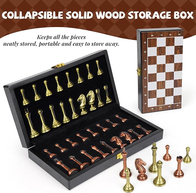 10 Travel Metal Chess Set – Folding Portable Chess Board with Storage Case Weighted Metal Chess Pieces &amp 2 Extra Queens – Mini Chess Game for Kids &amp Adults