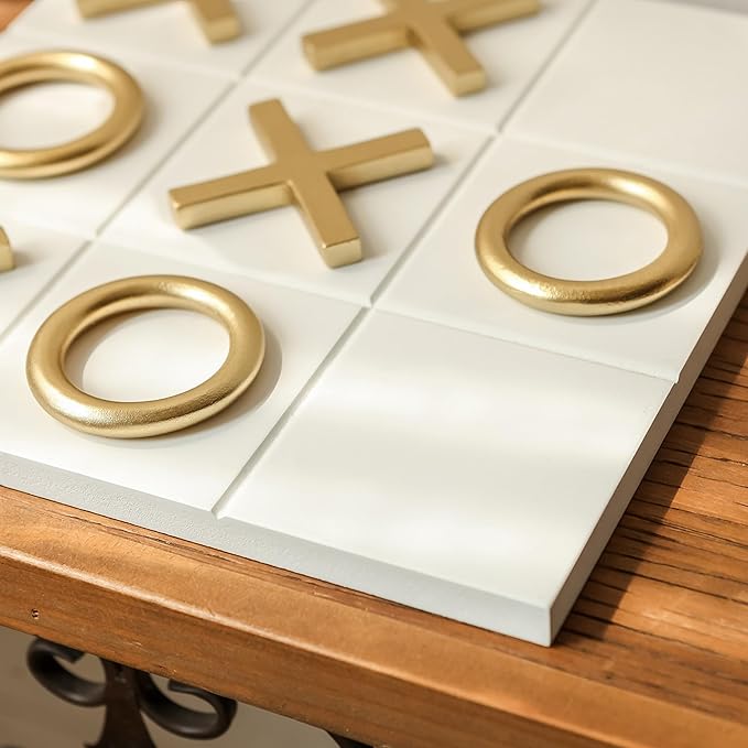 NIKKY HOME 12x12 Inch Tic Tac Toe Wood Game Board Classic Coffee Table Decor Modern Wooden Travel Game for Family White &amp Gold