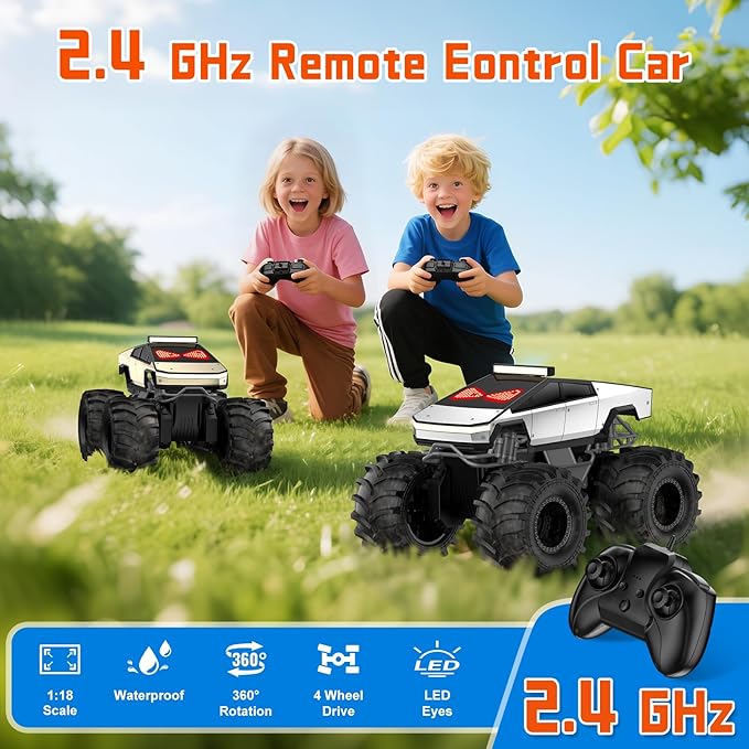 Remote Control Car with LED Eyes Amphibious Monster Truck Boys Toys RC Cars 2.4 GHz Waterproof RC Trucks Rechargeable 4WD All Terrain Off-Road Pickup Boy Christmas Birthday Gifts Kids Toys Ages 6+