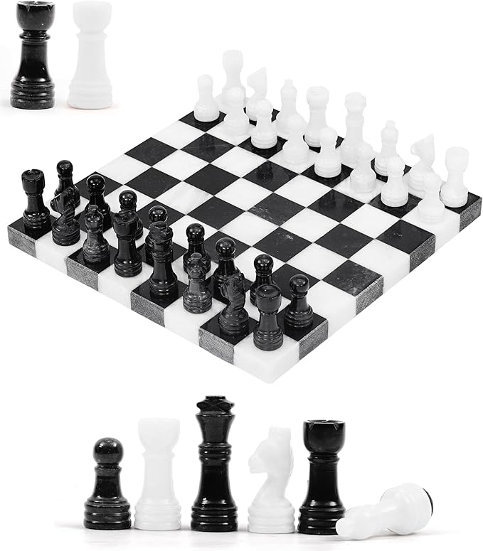 Marble Chess Set 10 Black &amp White Chess Games with 32 Chess Pieces &amp 2 Extra Queens for Beginner Board Games Valentine’s Day Game Nights