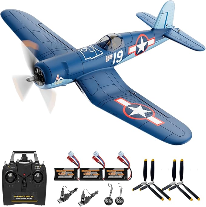 Volantexrc Brushless RC Planes 4 Channel F4U Corsair RTF RC Airplane Fighter 6-Axis Gyro wiih 3 Flight Modes One-Key Aerobatic Wingspan 500mm Fuselage 396mm with 3 Batteries Ideal Park Flyer