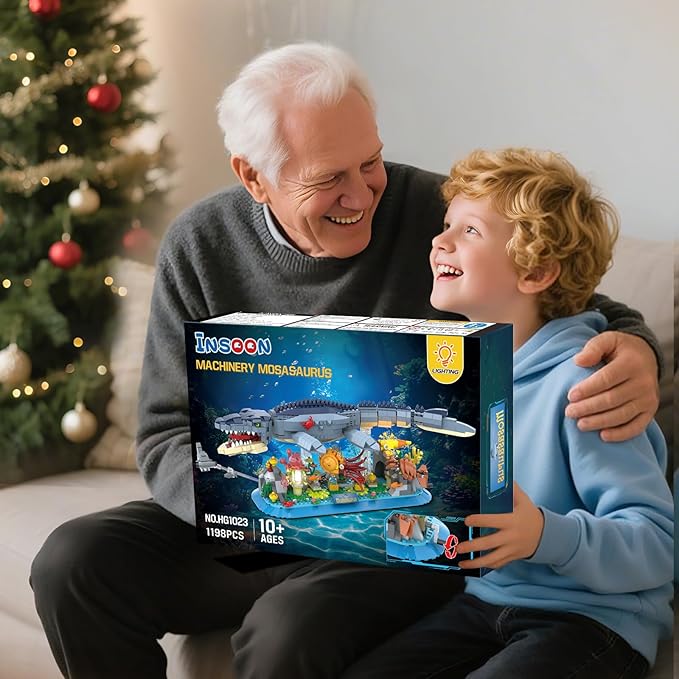 Mosasaurus Building Set with LED Light 1219 PCS Movable Ocean Animal Building Block Toy with Nautiluses Jellyfish Squid Coral Reef Ancient Reptile Home Decor Gift for Adults Teens Boys 12+