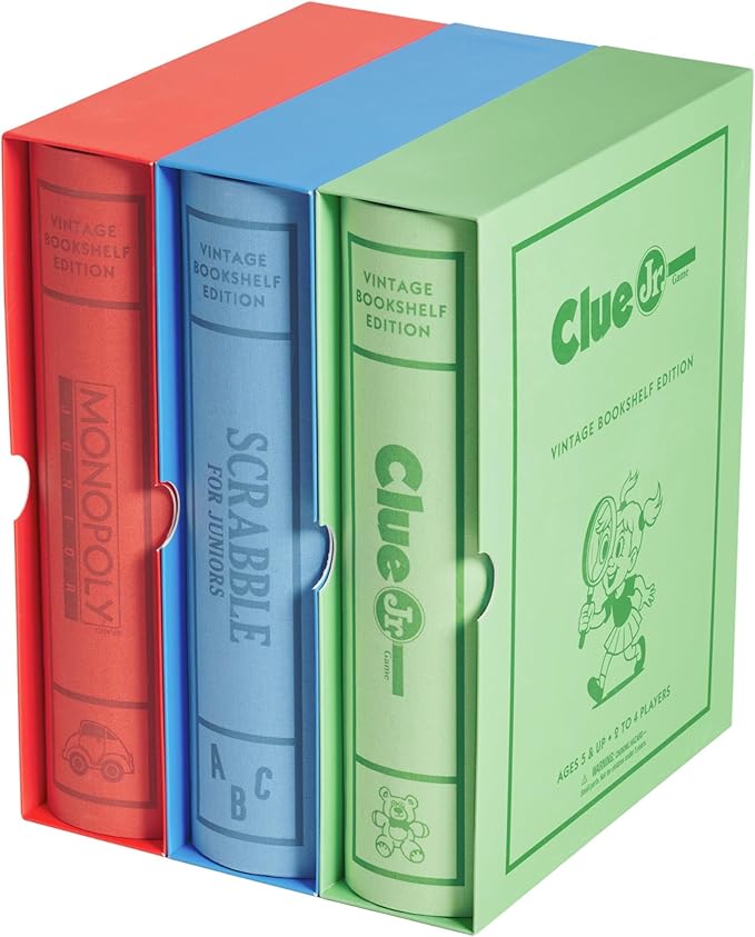 WS Game Company Junior Vintage Bookshelf Edition 3-Pack Board Game Bundle with Monopoly Junior Scrabble for Juniors and Clue Jr. in Premium Linen Fabric-Wrapped Storage Book Cases for Kids Ages 5+