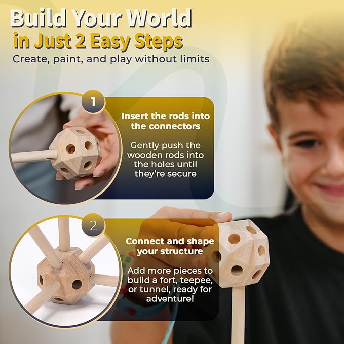 MIND KIDZ Wooden Fort Building Kit for Kids - STEM Montessori construction toy - 52 rods &amp 30 spheres Eco-friendly play set for boys &amp girls