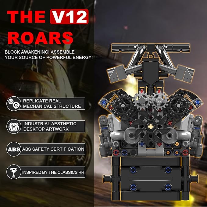 Sosuy RR V12 Motorized Engine Building Block Kit Electric Motor Drive Ultra‑Realistic Working Replica Model 733Pcs STEM Educational Engines Toy Birthday Christmas for Boy Kid Adult 14+