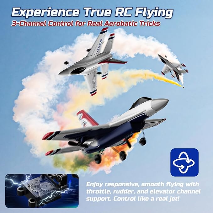 DEERC F16 Thunderbirds RC Plane3CH Remote Control Airplane Fighter Toys2.4GHz 6-axis Gyro Stabilizer RTF Glider Aircraft Plane with 2 BatteriesEasy to Fly for Beginners Kids Adults