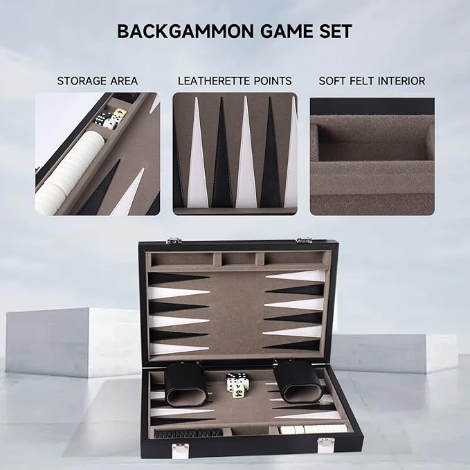 GSE Games &amp Sports Expert Premium Leather Backgammon Board Game Set Classic Backgammon Game Set with Leather Case Travel Folding Board Game (Black&ampGrey Small)