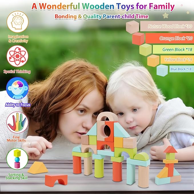 FCSONU Wooden Building Blocks for Toddlers 1-3 100 Pcs Wood Blocks Set - Sorting &amp Stacking Toys with Storage and Lid Kid Montessori Toys Ages 2+ Christmas 1st Birthday Gifts for Boys Girls Bab