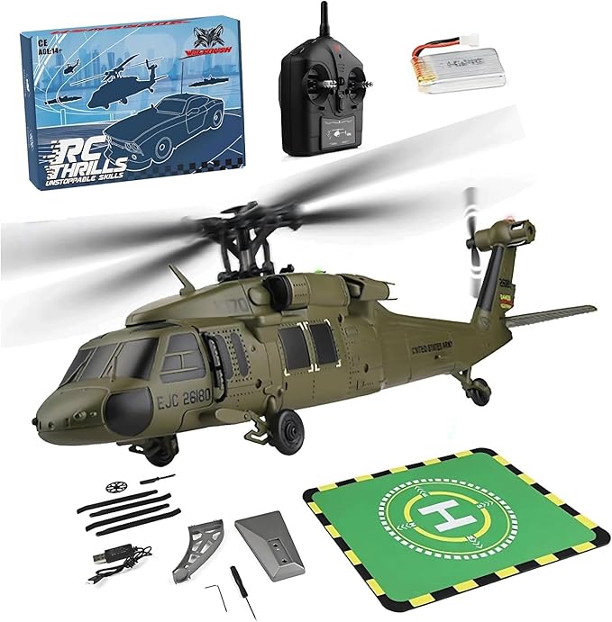 FunXylophy WL K170 RC Helicopter 2.4G 4CH Flybarless 6-Axis Gyroscope Altitude Hovering RC Military Helicopter with Display Stand and Apron Takeoff Landing Pads (RTF Version)