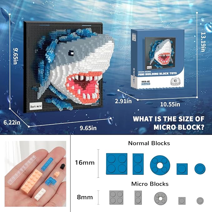 Shark Animal 3D Wall Art Micro Mini Building Blocks Set for Adults Unique Home Wall Decor or Table Display No Compatible with Lego Ideal Birthday Christmas Toy Gift for Teens (2166 PCS)