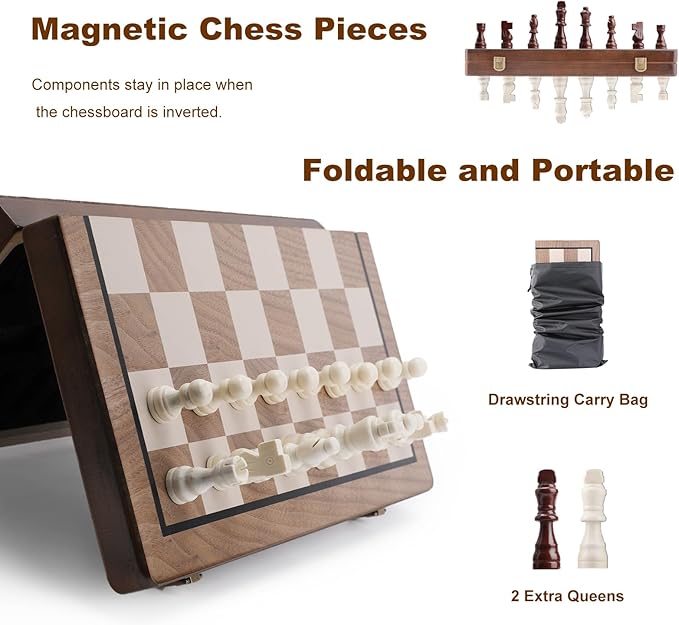 15 Inch Magnetic Wooden Chess Set with Folding Board and Chess Piece Storage Slot Handmade Portable Travel Chess Game Sets for Kids Adults Beginner and Pros Carry Bag 2 Extra Queens