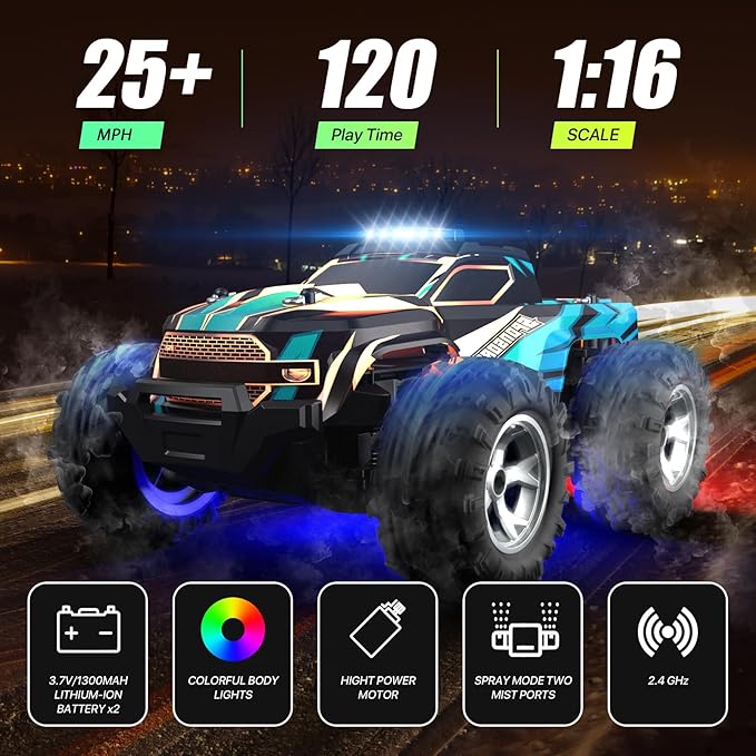 Remote Control Car for boys 1:16 Scale All Terrain RC CarsHigh Speed 25Km/h Fast Car with Colorful Led Light and spray 2x1300mAh Rechargeable Battery RC Truck Toy Car Gift for Teen Boys Girl Kids