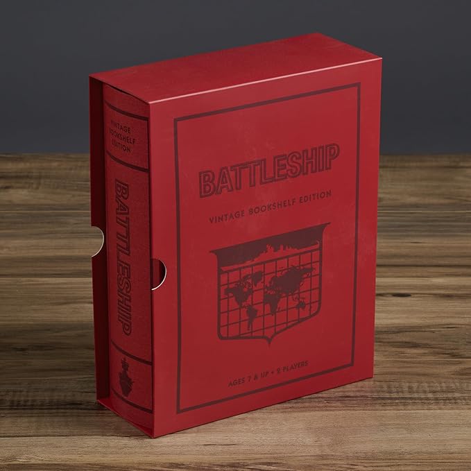 WS Game Company Battleship Vintage Bookshelf Edition Naval War Game Fabric-Wrapped Book Box Folding Battle Cases Vintage Display Board Games for 2 Players Ages 7+
