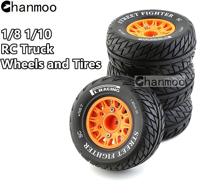 1/10 RC Short Course Truck Tires And Wheels With 12mm 14mm 17mm Hex 113mm 1/8 Rubber Tyres For 1/8 or 1/10 Scale On Road Car HSP Sonic 94102 GT PTG-2 Tamiya TT02 RC Racing Car 4PCS (Orange B)