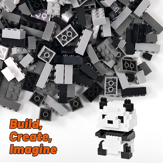 1000 Piece Blocks for Building Classic Bulk 2x4 Basics Bricks Building Set Compatible with All Major Brands Creative STEM Building Toys for Kids Ages 4 5 6 7 8 (Black &amp Gray &amp White)