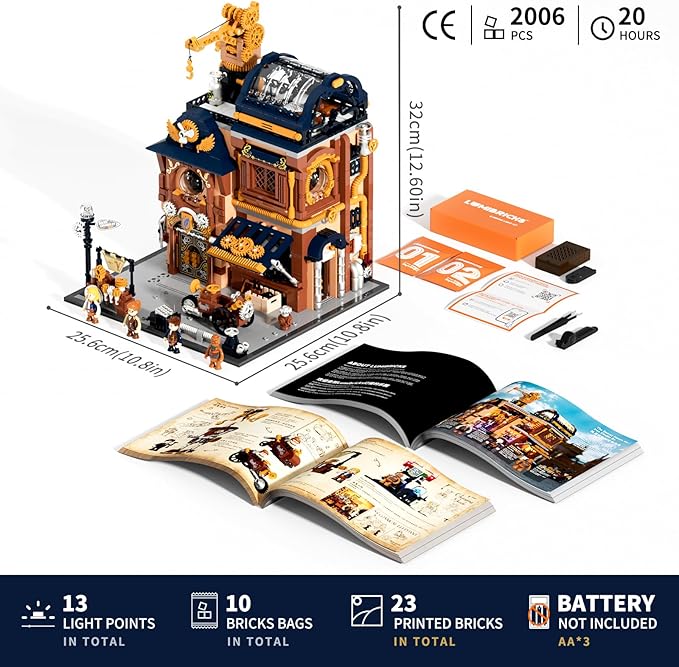 Steampunk Mechanical Workshop Lighting Building-Bricks Set 2006 Pcs The Sky-Lane Repair Shop Modular Building from Aeronauts Collection Display Set for Adults and Steampunk Lovers