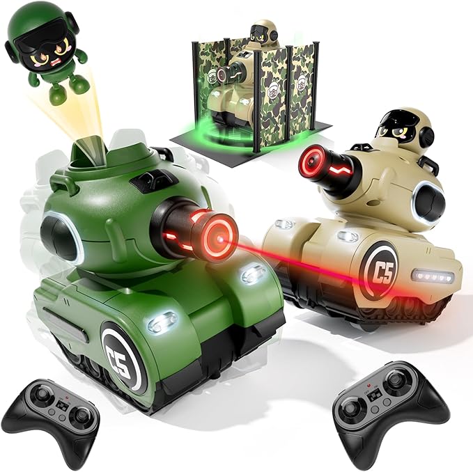 2 Pack Cute Cartoon Remote Control Battle Tanks with Laser tag|Hobby RC Cars Shoot to Ejected Out|Military Army Toys for 6 7 8 Year Old Boys Girls | Christmas Birthday Easter Gifts for 8-12