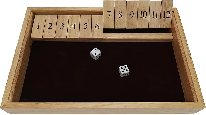 WE Games Wooden Shut The Box - Close The Box Set with 12 Number Tiles &amp 2 Dice Games - 13.5” Natural Wood Finish