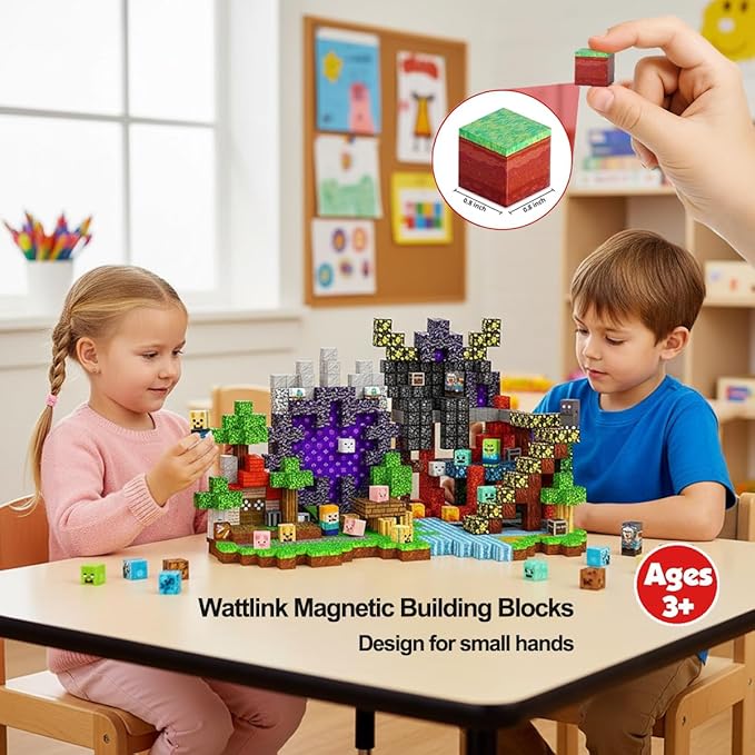 Magnetic Building Blocks Set 200 Pieces Pixel Style Construction Toys with Character Blocks 0.8 Inch Cubes for Ages 3+ Non-Toxic Educational STEM Toys