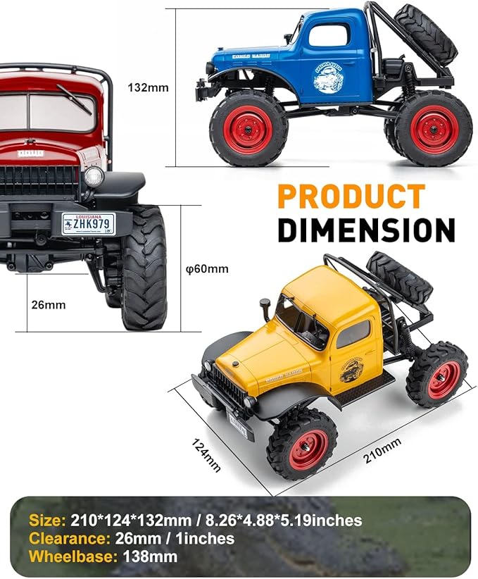 FCX24 RC Crawler 1/24 Remote Control Car Power Wagon 4WD RC Crawler Two-Speed Shift RC Rock Crawler 8Km/h with Portal Axle Metal Gears for Adults (Red)