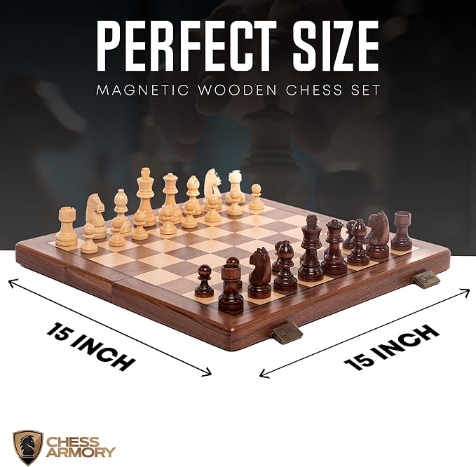 Chess Armory 15 inch Chess Set Magnetic - Premium Wooden Board Game with a Portable Wood Case and Secure Storage for Pieces Set for Kids and Adults (Walnut Wood)