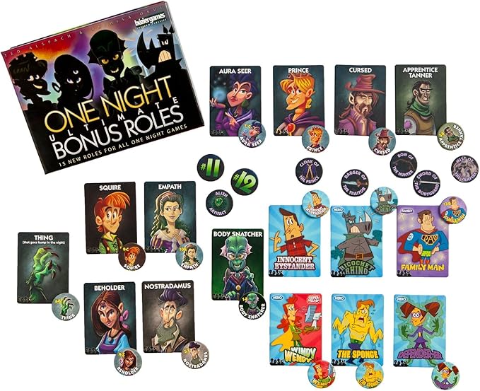 One Night Ultimate Bonus Roles Expansion by Bezier Games | Adds 16 New Roles Artifact Tokens &amp Player Number Tokens for One Night Ultimate Werewolf Vampire Alien &amp Super Villains | Ages 14+