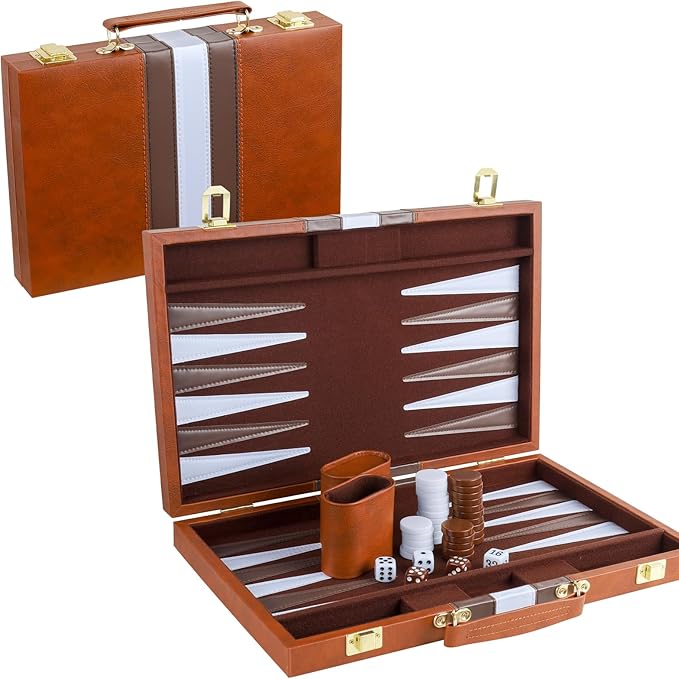 Backgammon Set 2 Players Classic Backgammon Sets for Adults Board Game with PU Leather Case Portable and Travel Backgammon Set (Brown 15inch)