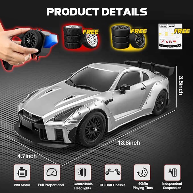 1/16 Scale RC Drift Car MN-268 RWD Mini RC Vehicles Model with Gyro Spare Tires &amp LED Lights for Adults Hobby Toy Gifts (Silver)