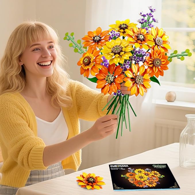 Flowers Sunflower Bouquet Building Set with Lights - 17 Flowers Botanical Collection Artificial Plant Sunflower Building Blocks Art Home Decor Easter Gifts for Adults Women Girl (1011PCS)