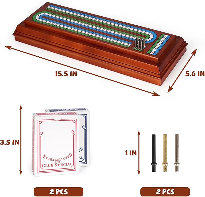 Wooden Cribbage Board Game Set with Cards and Metal Pegs 3 Track Cribbage Board with Storage Drawer Portable Travel Cribbage Set for Adults Families Seniors Camping &amp Game Night