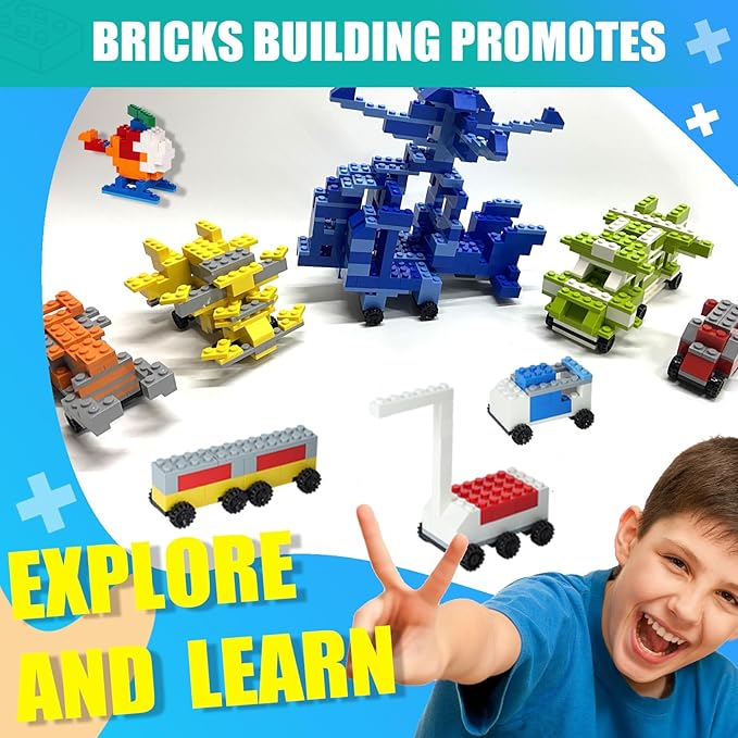 1600 Pieces Building Bricks with 32 Wheel Building Blocks Set Classic Bulk Blocks Set Creative Toy DIY Cars Planes Tanks Compatible with All Major Brands 14 Shape/18 Color