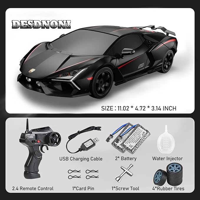 Remote Control Car RC Drift Car 1:16 Scale 4WD 18KM/H High Speed Model Vehicle 2.4GHz with LED Lights Spray Rubber Tire Racing Sport Toy for Adults Boys Girls Kids Gift 2Pcs Rechargeable Batteries