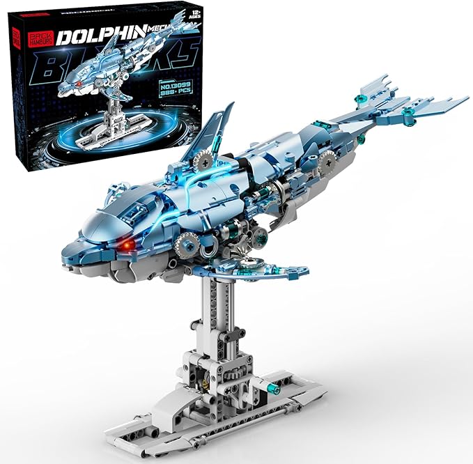 888-PCS Mechanical Blue Dolphin Building Set with LED Light Movable Linkage Gears Display Stand - Ocean Building Block Toy for Adults Teens Kids Age 12+