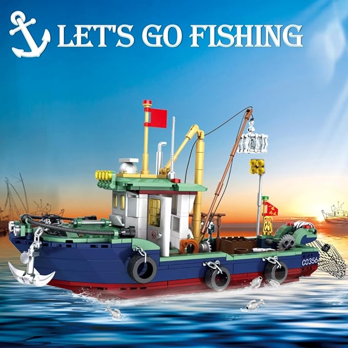 Fishing Boat Building Blocks Sets City Marine Theme Model Kit for Ocean Exploration and Sea Fishing Lovers Fishing Ship Toys for Adults Teens 14+ (582 PCS)