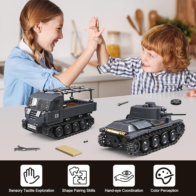 4 IN 1 WW2 Army Tanks Toy Building Block Set(1089 Pcs)Compatible with LegoCreate German 38T-A Light Tank&amp3 German Style Small Military Vehicles Models Great Military Toy Gift for Boy Age 6+ Year