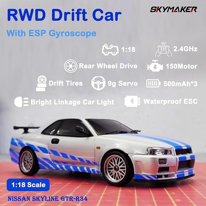 Skymaker LDRC Drift Car Nissan Skyline GTR R34 1/18 RWD High Speed Drifting RC Model Drift Cars 2.4GHz with Gyroscope 3 Batteries (Silver)