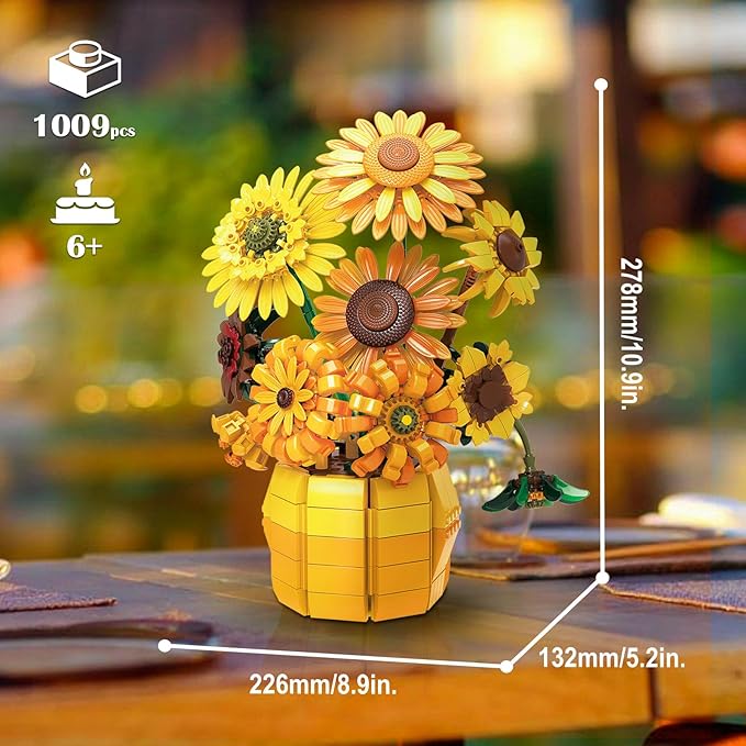 Sunflower Building Set Flowers with Vase for Adult Compatible with Lego Flowers 1009pcs Art Bonsai Botanical Collection for Home/Office Decor Gifts for Mother's Day and Valentine's Day