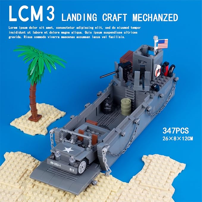 Military Landing Craft Vehicle Personnel Higgins Boat Car Model WW2 World War II Building Block Toys for Kids Aged 6-14 and Adults