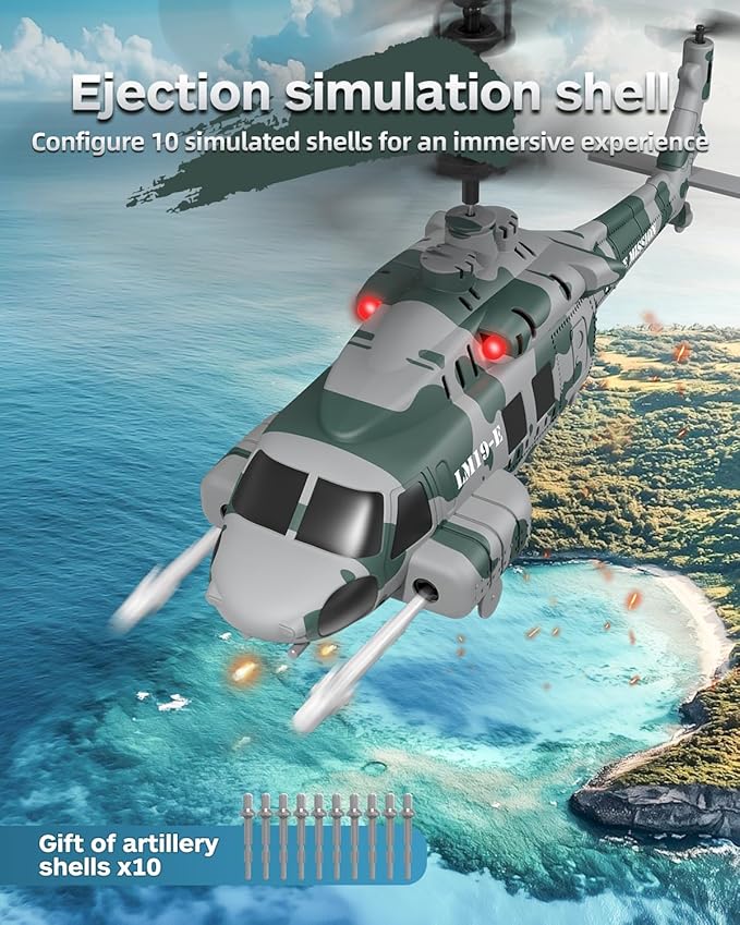 RC Helicopter LM19-E 2.4GHz Remote Control Helicopter with 10 Launchable Missiles LED Light Altitude Hold One-Key Take Off Indoor Friendly Army Toys for Birthday(2 Batteries)