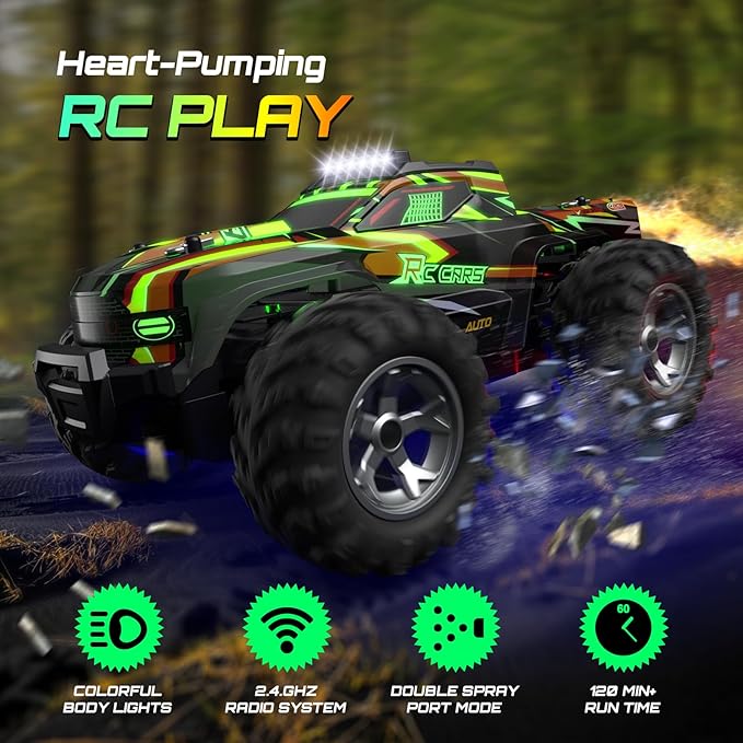 Remote Control Car for boys 1:16 Scale All Terrain RC CarsHigh Speed 25Km/h Fast Car with Colorful Led Light and spray 2x1300mAh Rechargeable Battery RC Truck Toy Car Gift for Teen Boys Girl Kids