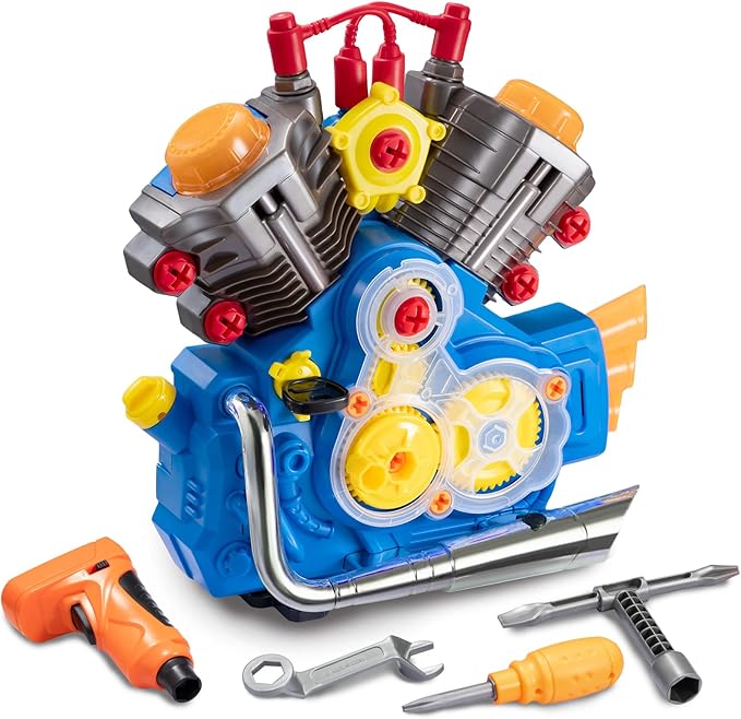 Engine Building Kit Kids Mechanic Repair Set for Kids Motorcycle EngineTake Apart Toys-42pc PlaysetSTEM Engine Model Kit Toy with Cool Lights&ampSoundsEducational Toys for 3+ Year Old (Blue)