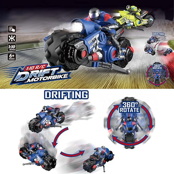 Liberty Imports 2.4Ghz RC Motorcycle Remote Control Stunt Drift Bike Racing Vehicle - 1/10 R/C High Speed Cyclone Motorbike and Riding Figure with 360° Spinning Wheels Action (Blue)